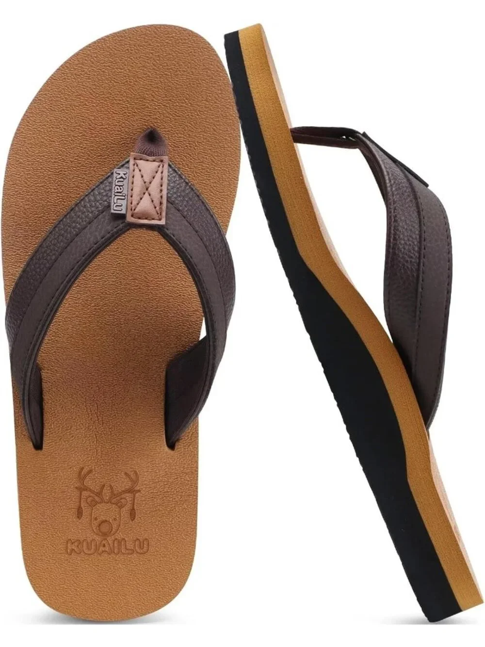 Men's Khaki Yoga Mat Leather Flip Flops Slip On Indoor Outdoor Sandal Slipper
